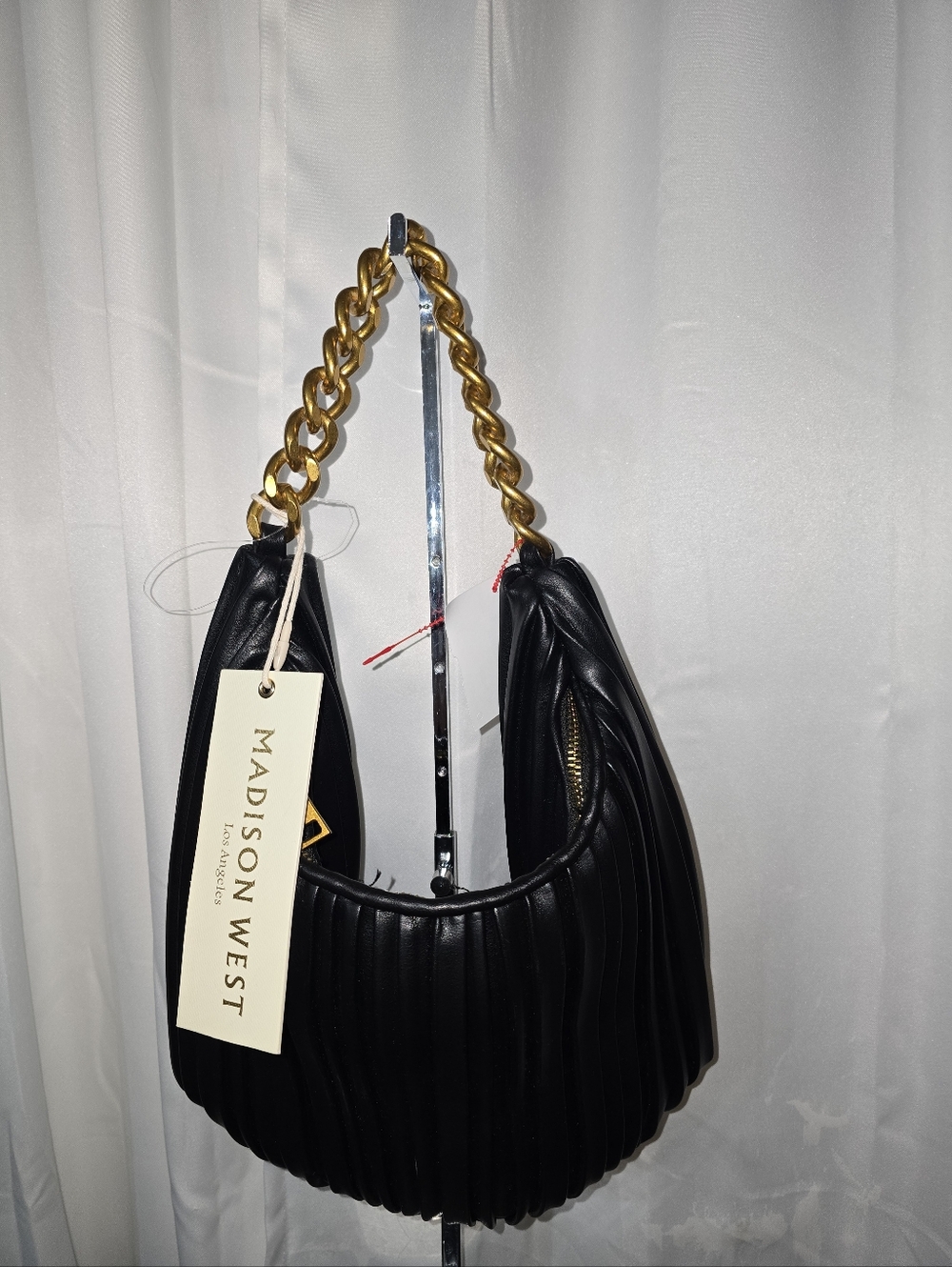 Madison West Black Quilted Hobo Bag with Gold Chain